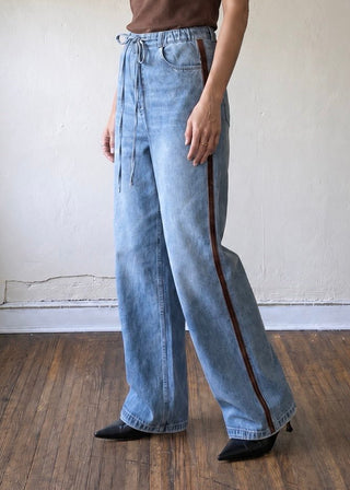 Drawstring Wide Leg Denim Pants with Contrast Side Stripe