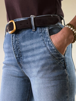 Chocolate Suede Belt with Asymmetrical Gold Buckle