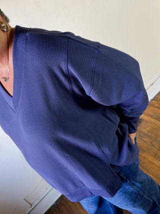 Oversized Waffle Knit V Neck Top | Crown Blue