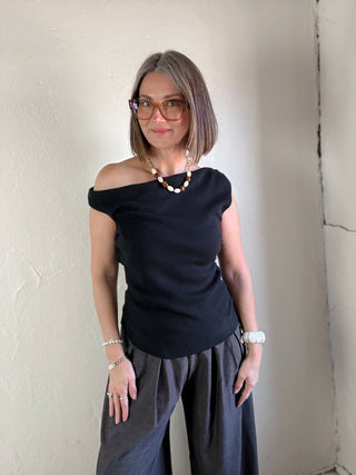 After Hours Asymmetric Neck Sweater Top | Black