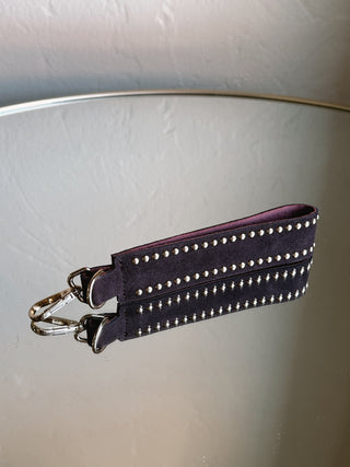 Chocolate studded suede bag charm by MOST WANTED USA featuring metal stud accents and a stylish design for handbags.