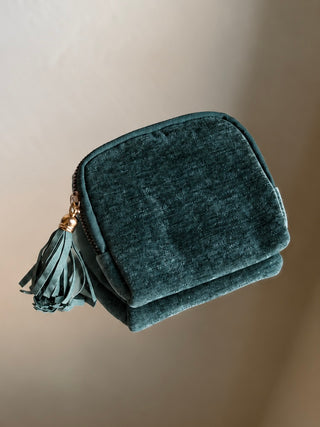 Dusty teal velvet tassel jewelry travel pouch by DIPPED SHOP, designed for storing and protecting jewelry on the go.