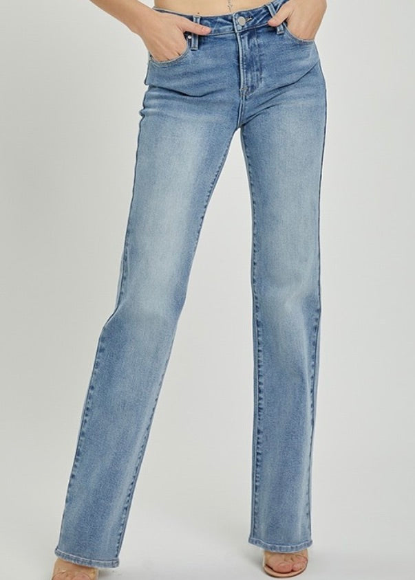 Risen Mid Rise Long Straight Jeans