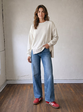 Light blue and beige color block oversized top by SUNDAY EDITION BY LE LIS, relaxed fit with soft fabric and casual style.