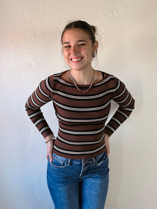 Brown stripe boat neck pullover by THE WORKSHOP STUDIO, featuring a relaxed fit and classic boat neckline, shown in the image.