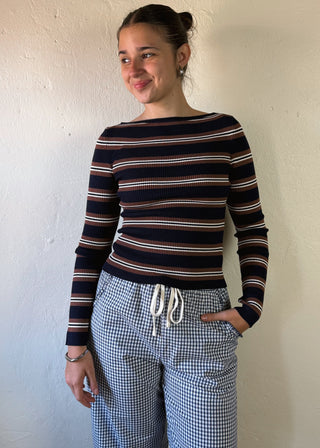 Navy striped boat neck pullover by THE WORKSHOP STUDIO in large size, featuring a classic everyday style with horizontal stripes.