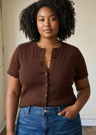 Extended Size Charlotte Scallop Button Sweater Tee | Brown 