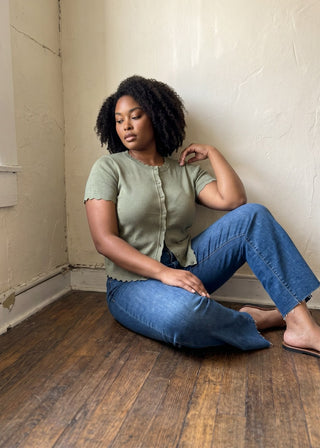 Extended Size Charlotte Scallop Button Sweater Tee | Olive 