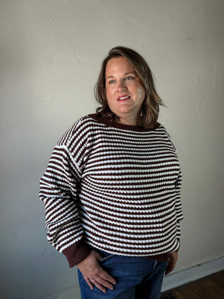 Extended Size Cocoa Stripe Boatneck Sweater 
