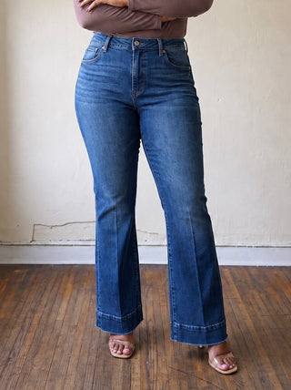RISEN PBOT extended size comfort sculpt high-rise flare jeans displayed, featuring a flattering fit and stylish denim design.