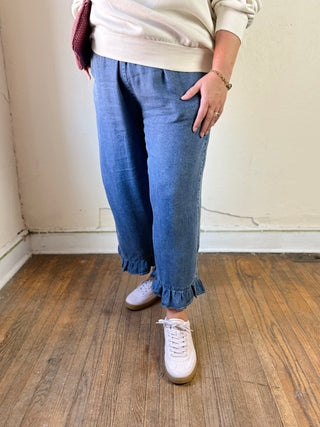 Extended Size Ruffle Road Denim Capris 