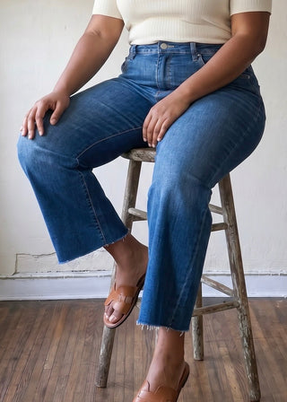 Extended Size Tummy Control Mid Rise Crop Wide Leg Jeans