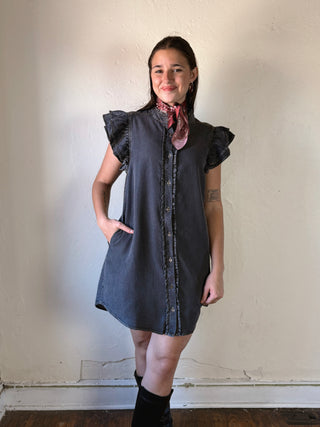 Washed Black Ruffle Denim Mini Dress