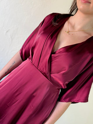 Maroon satin kimono sleeve midi dress by Sunday Edition by Le Lis, featuring a sleek, elegant design with flowing fabric.