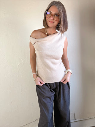 After Hours Asymmetric Neck Sweater Top | Light Taupe