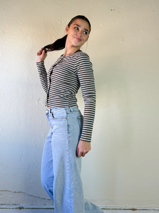 LSKT Multi Stripe Button Front Top by SUNDAY EDITION BY LE LIS, featuring colorful horizontal stripes and front button detail.