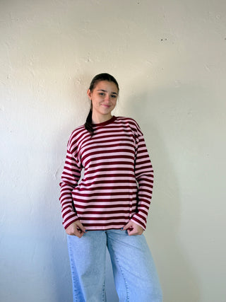Waffle Knit Striped Top | Burgundy/Pink