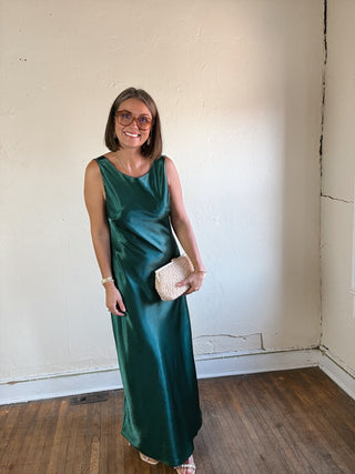 Midnight Cowl Back Satin Maxi Dress | Emerald