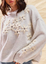 Load image into Gallery viewer, Gray sweater with white floral embellishments on a neutral background
