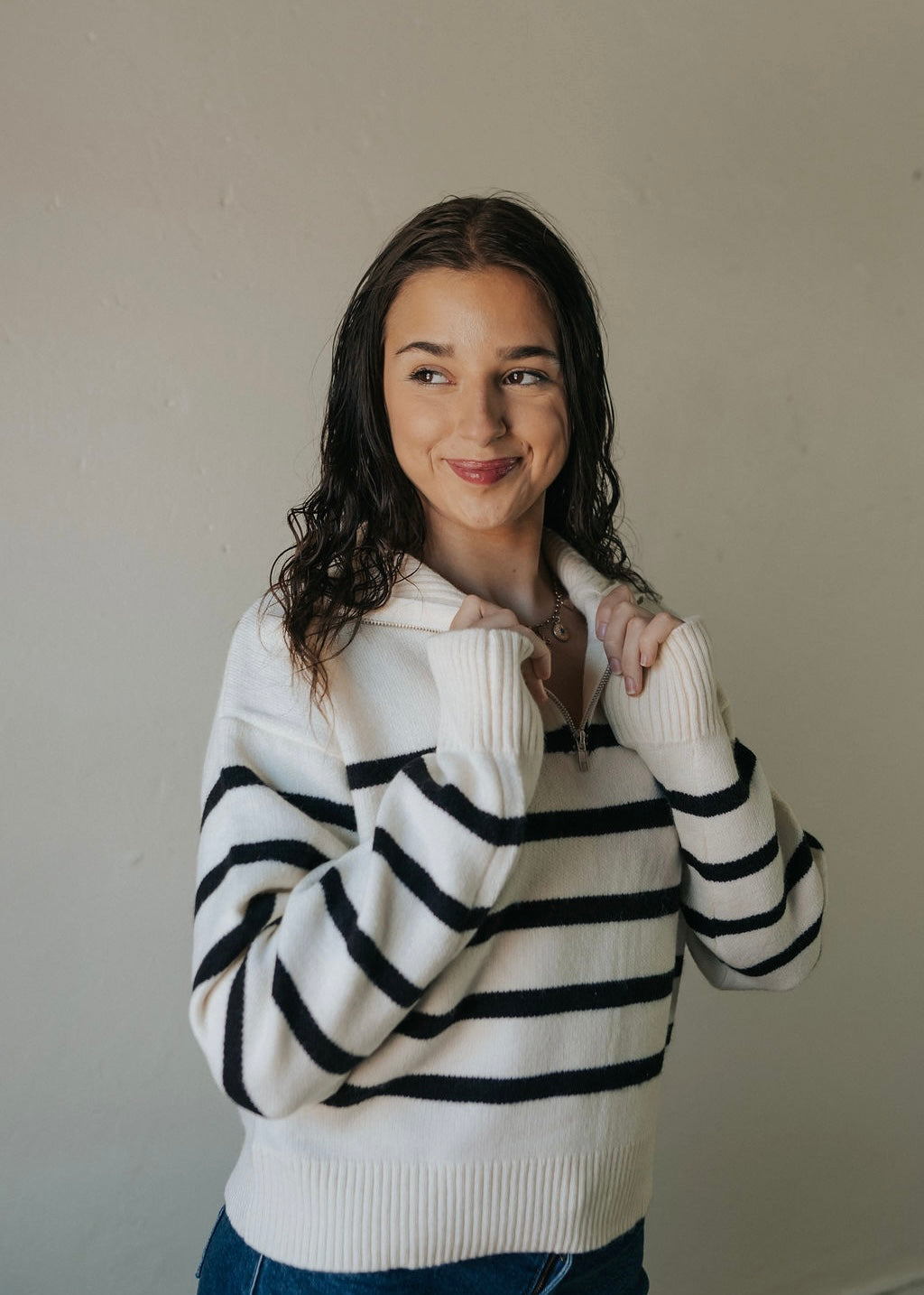 Adrienne Striped 1/4 Zip Sweater | Cream/Black