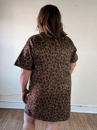 ENTRO extended size equestrian leopard shift dress shown fully, featuring a stylish leopard print and comfortable fit.
