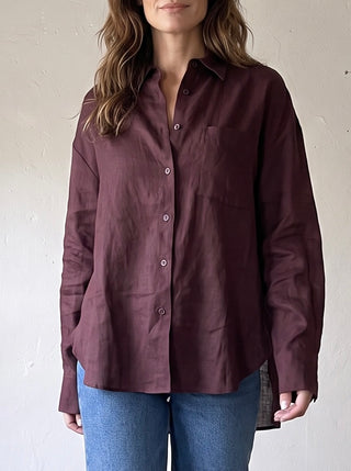 OLIVACEOUS Everyday Linen Button Down Shirt in size LGSLV, light and breathable linen fabric, shown on a flat surface.