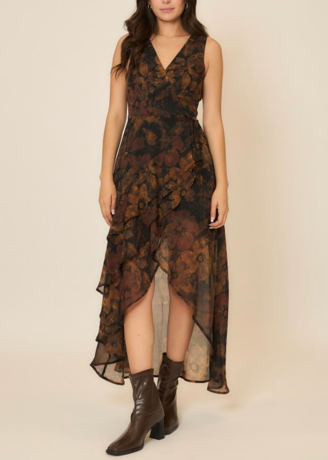 Sleeveless Floral Wrap High-Low Midi Dress