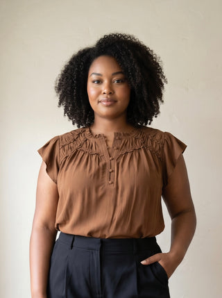 Extended Size Ruffled Henley Blouse |  Brown