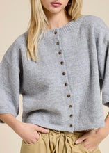 Load image into Gallery viewer, Person wearing a gray knit cardigan with brown buttons on a beige background
