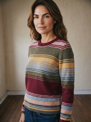 MOD REF Harvest Stripe Sweater in cozy knit fabric with colorful striped pattern, front view.