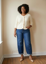 Load image into Gallery viewer, Extended Cream Ruffled Placket Ribbed Knit Cardigan
