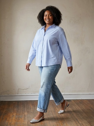 Blue Extended Size Classic Stripe Button-Down Shirt