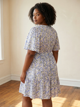 Load image into Gallery viewer, Extended Flutter Bell Sleeve Plunge Neck Mini Dress – Blue

