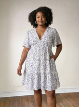 Load image into Gallery viewer, Extended Flutter Bell Sleeve Plunge Neck Mini Dress – Blue
