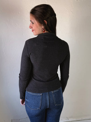 The Sutton Button Mock Neck Top | Charcoal