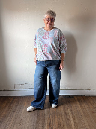 Extended Size Patchwork Garden Washed Terry Pullover