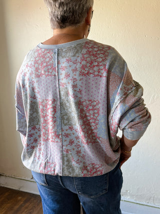 Extended Size Patchwork Garden Washed Terry Pullover