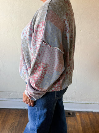 Extended Size Patchwork Garden Washed Terry Pullover