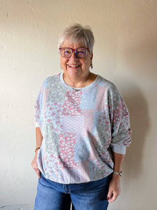 Extended Size Patchwork Garden Washed Terry Pullover