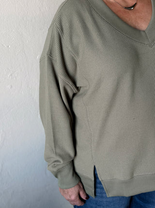 Oversized Waffle Knit V Neck Top | Sage