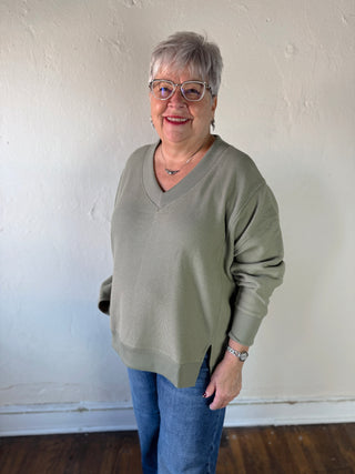 Oversized Waffle Knit V Neck Top | Sage