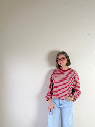 Striped Dropped Shoulder Tee | Red