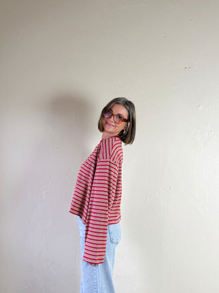 Striped Dropped Shoulder Tee | Red