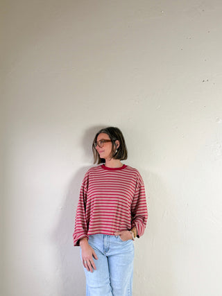 Striped Dropped Shoulder Tee | Red