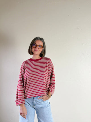 Striped Dropped Shoulder Tee | Red