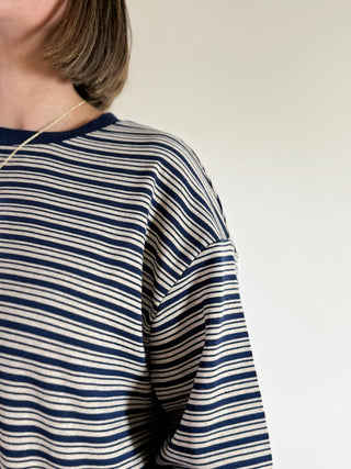 Striped Dropped Shoulder Tee | Navy