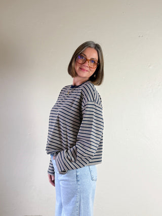 Striped Dropped Shoulder Tee | Navy