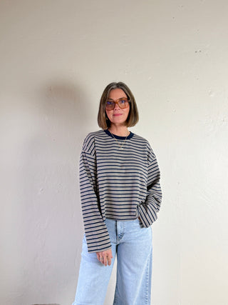 Striped Dropped Shoulder Tee | Navy