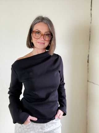 Black Stevie Jane Contour Drape Asymmetrical Knit Top with flowing design and textured fabric.