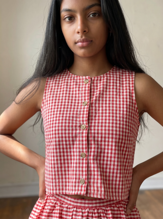 Red Gingham Button Front Tank